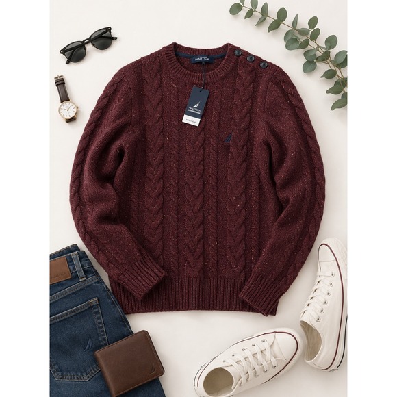 Nautica Other - Nautica Mens Cable Knit Crewneck Sweater Burgundy Nep Fleck S37307 Size S